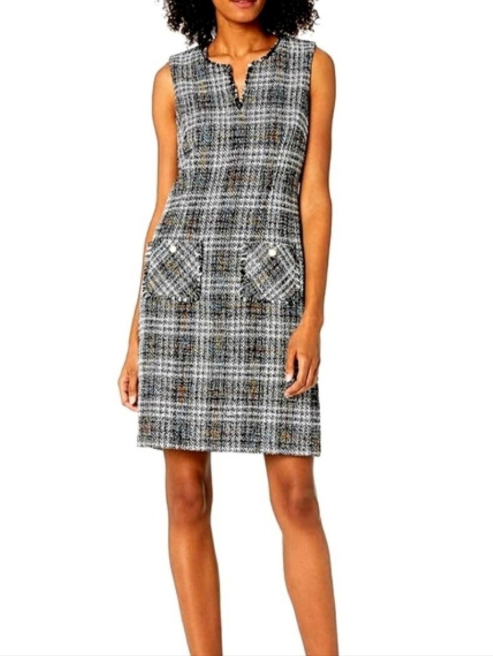 Karl Lagerfeld Black & White Tweed Sheath Dress Sz 16 Old Money Office Classic